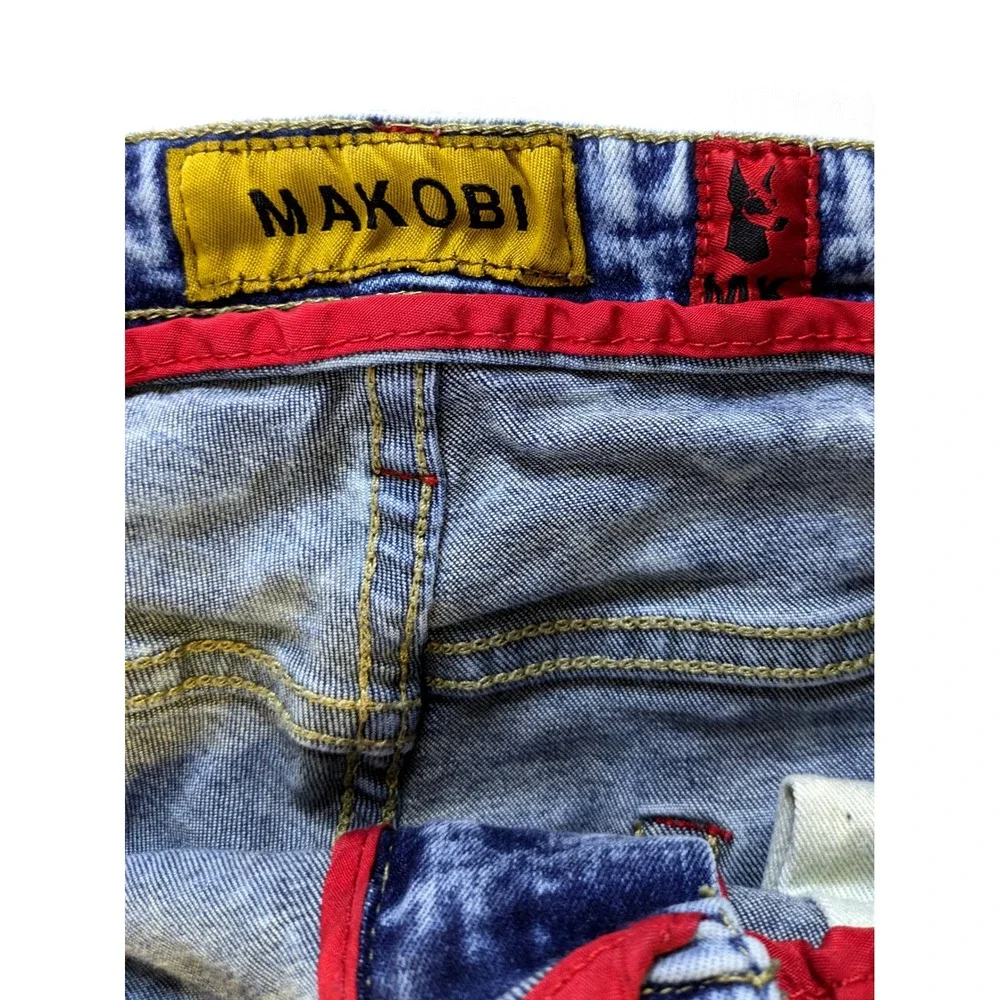 Makobi Men's Acid Wash Distressed Red Ripped Patch Jeans M1773 Blue 38x32 - Picture 5 of 8